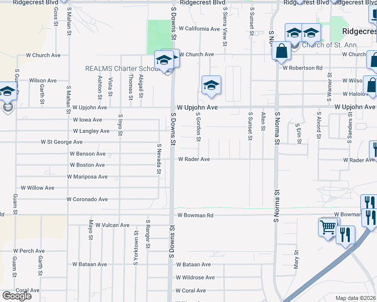 map of restaurants, bars, coffee shops, grocery stores, and more near 813 Victoria Court in Ridgecrest