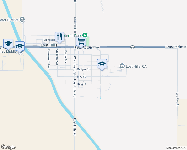 map of restaurants, bars, coffee shops, grocery stores, and more near 21348 Inyo Street in Lost Hills