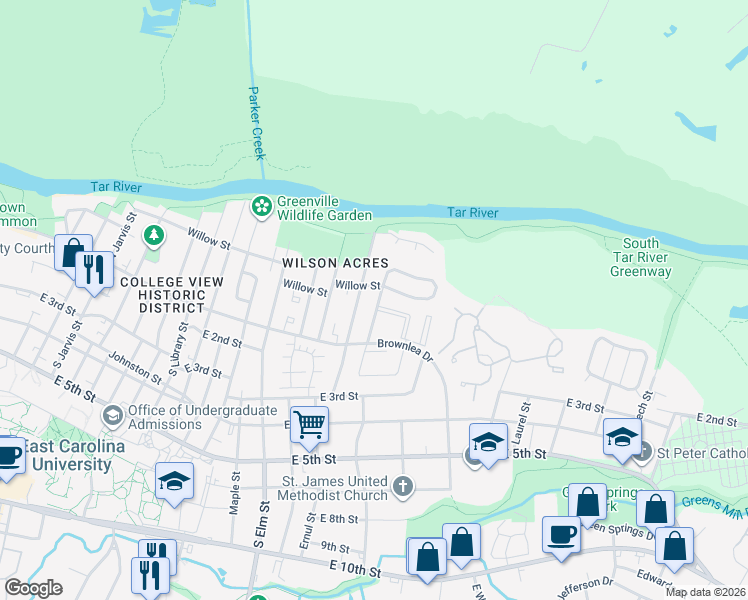 map of restaurants, bars, coffee shops, grocery stores, and more near 107A Wyndham Circle in Greenville