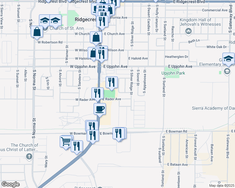 map of restaurants, bars, coffee shops, grocery stores, and more near 201 East Benson Avenue in Ridgecrest