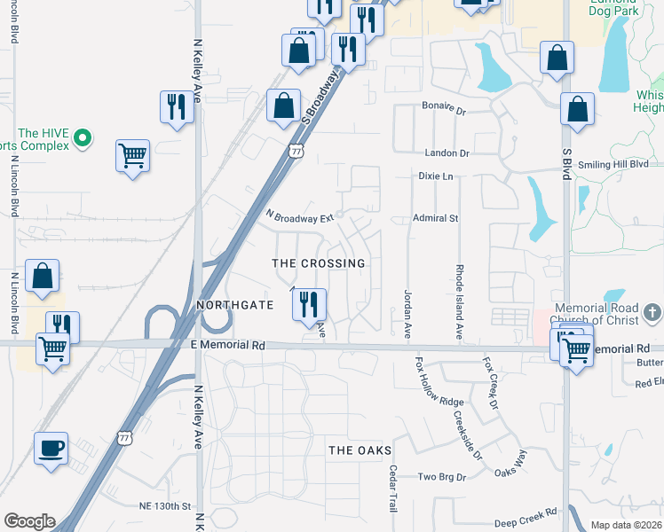 map of restaurants, bars, coffee shops, grocery stores, and more near 13919 Crossing Way West in Edmond