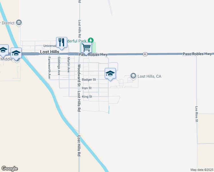 map of restaurants, bars, coffee shops, grocery stores, and more near 21398 Inyo Street in Lost Hills