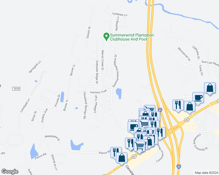map of restaurants, bars, coffee shops, grocery stores, and more near 43 Cedar Hollow Drive in Garner