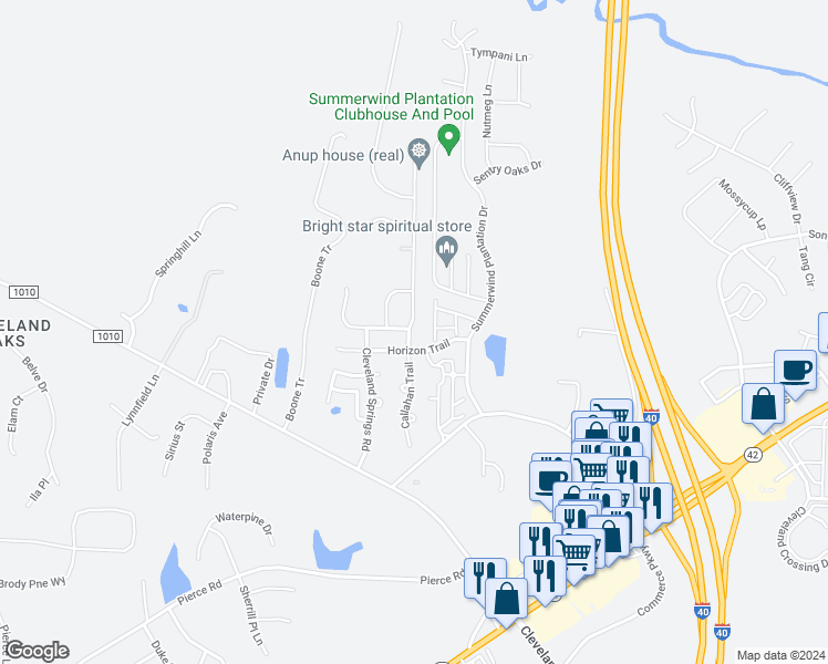 map of restaurants, bars, coffee shops, grocery stores, and more near 48 Outwater Ridge Drive in Garner