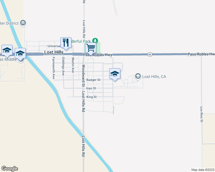 map of restaurants, bars, coffee shops, grocery stores, and more near 21356 Inyo Street in Lost Hills