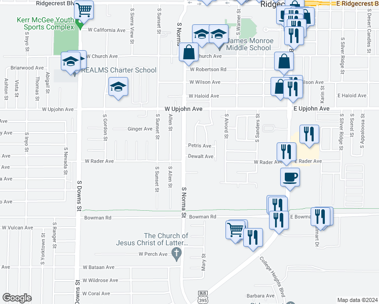 map of restaurants, bars, coffee shops, grocery stores, and more near 424 Dewalt Avenue in Ridgecrest