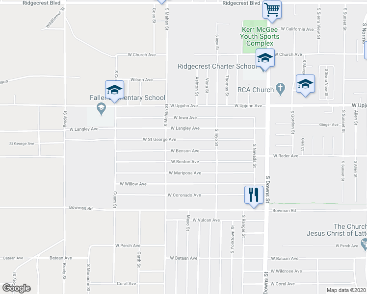 map of restaurants, bars, coffee shops, grocery stores, and more near 1212 West Benson Avenue in Ridgecrest