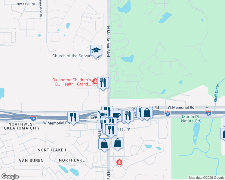 map of restaurants, bars, coffee shops, grocery stores, and more near 5740 Oliver Court in Oklahoma City
