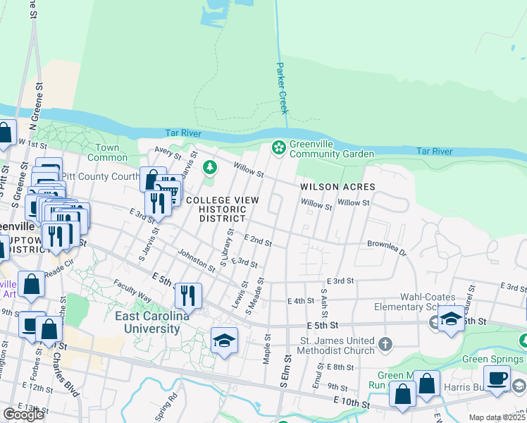 map of restaurants, bars, coffee shops, grocery stores, and more near 107 Stancill Drive in Greenville