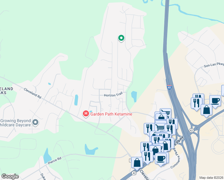map of restaurants, bars, coffee shops, grocery stores, and more near 128 Outwater Ridge Drive in Garner