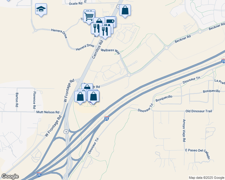map of restaurants, bars, coffee shops, grocery stores, and more near 5152 Beckner Road in Santa Fe