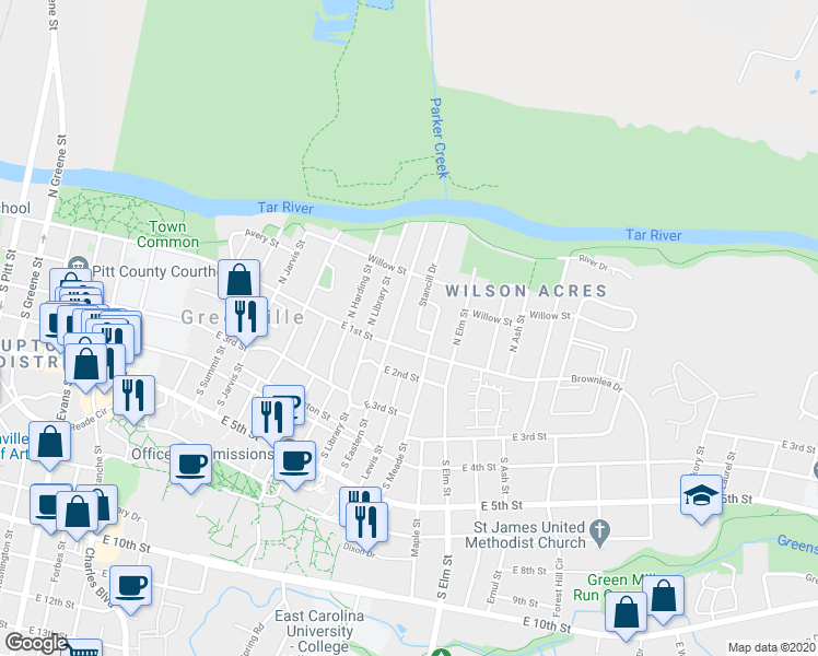 map of restaurants, bars, coffee shops, grocery stores, and more near 115 Stancill Drive in Greenville
