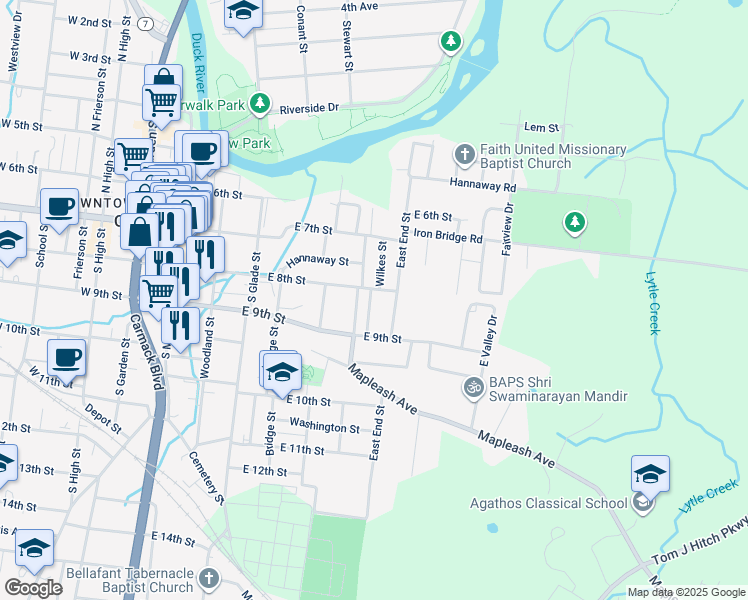 map of restaurants, bars, coffee shops, grocery stores, and more near 820 Wilkes Street in Columbia
