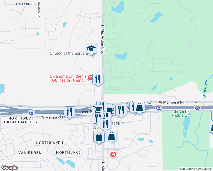 map of restaurants, bars, coffee shops, grocery stores, and more near 5740 Oliver Court in Oklahoma City