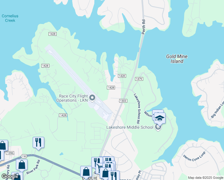 map of restaurants, bars, coffee shops, grocery stores, and more near 131 Normandy Road in Mooresville