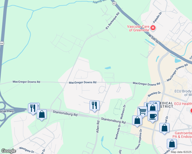 map of restaurants, bars, coffee shops, grocery stores, and more near 2910 Macgregor Downs Road in Greenville