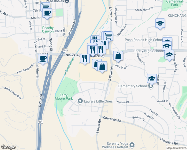 map of restaurants, bars, coffee shops, grocery stores, and more near 160 Niblick Road in Paso Robles