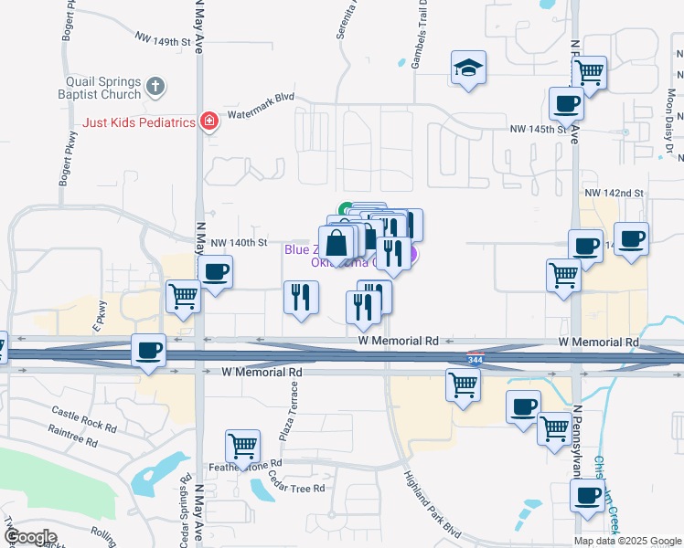 map of restaurants, bars, coffee shops, grocery stores, and more near 2501 West Memorial Road in Oklahoma City