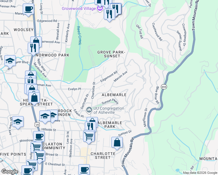 map of restaurants, bars, coffee shops, grocery stores, and more near 76 Macon Avenue in Asheville