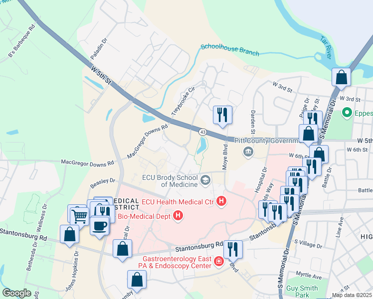 map of restaurants, bars, coffee shops, grocery stores, and more near 2150 Herbert Court in Greenville