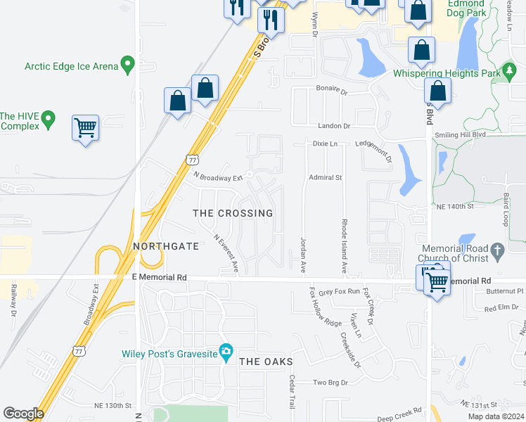 map of restaurants, bars, coffee shops, grocery stores, and more near 14013 Crossing Way East in Edmond