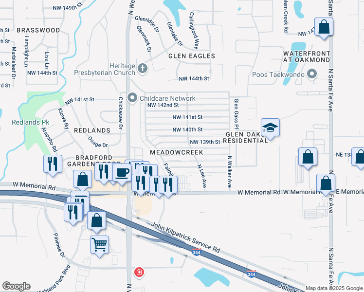 map of restaurants, bars, coffee shops, grocery stores, and more near 705 Northwest 139th Street in Edmond