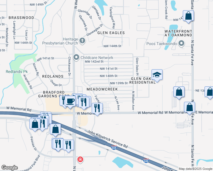map of restaurants, bars, coffee shops, grocery stores, and more near 705 Northwest 139th Street in Edmond