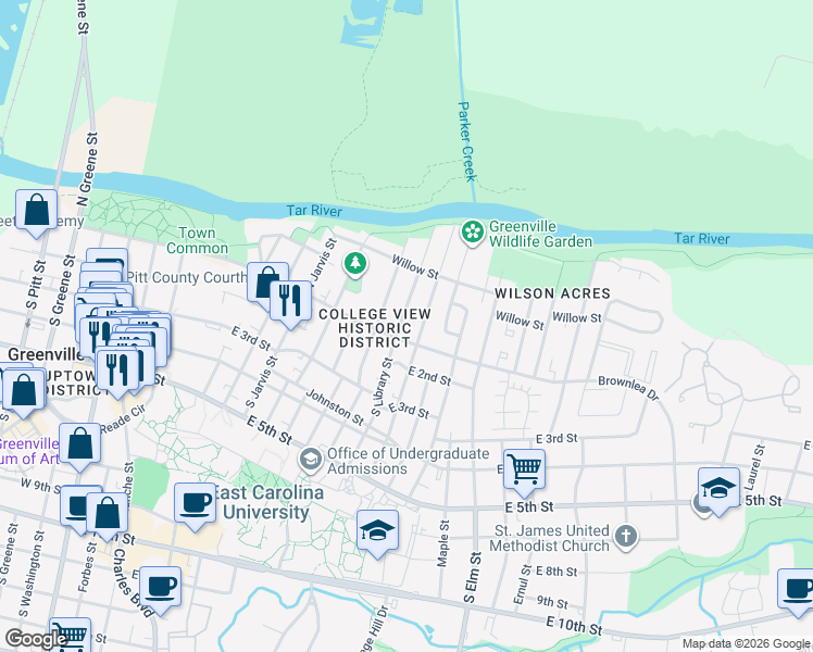 map of restaurants, bars, coffee shops, grocery stores, and more near 114 North Library Street in Greenville