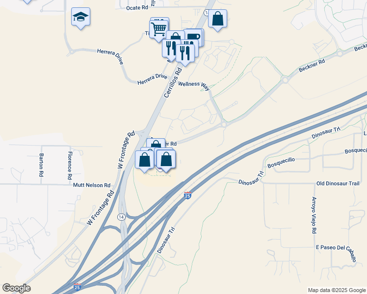 map of restaurants, bars, coffee shops, grocery stores, and more near 5200 Beckner Road in Santa Fe