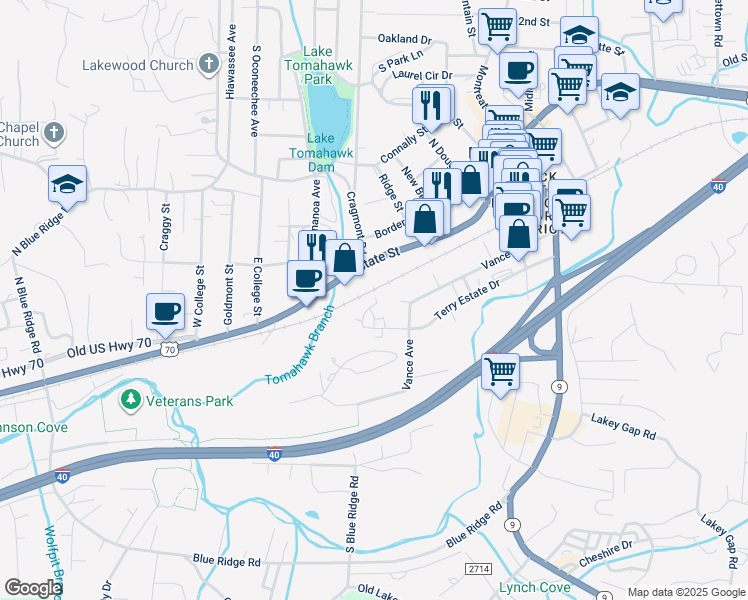 map of restaurants, bars, coffee shops, grocery stores, and more near 11 Amys Way in Black Mountain