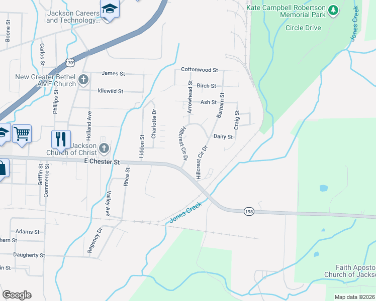 map of restaurants, bars, coffee shops, grocery stores, and more near 53 Hillcrest Circle Drive in Jackson