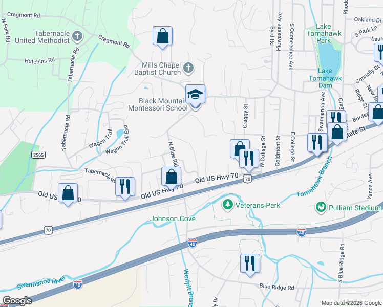 map of restaurants, bars, coffee shops, grocery stores, and more near 108 Walker Street in Black Mountain