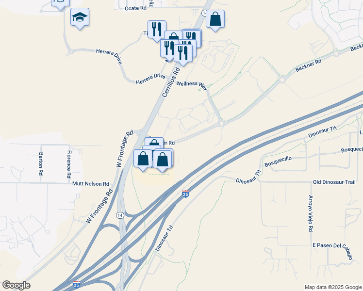 map of restaurants, bars, coffee shops, grocery stores, and more near 5152 Beckner Road in Santa Fe