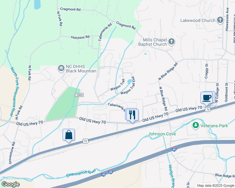 map of restaurants, bars, coffee shops, grocery stores, and more near Wagon Trail in Black Mountain