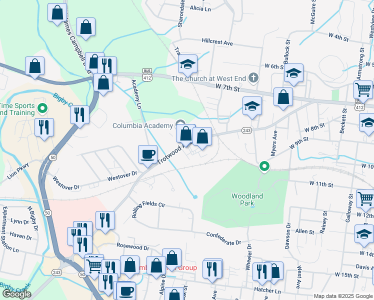 map of restaurants, bars, coffee shops, grocery stores, and more near 1129 Trotwood Avenue in Columbia