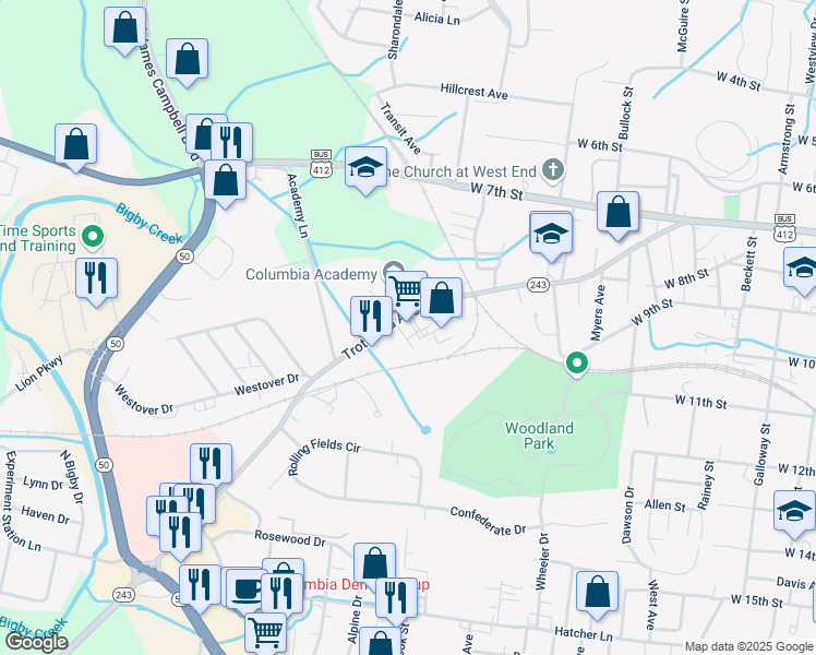 map of restaurants, bars, coffee shops, grocery stores, and more near 1129 Trotwood Avenue in Columbia