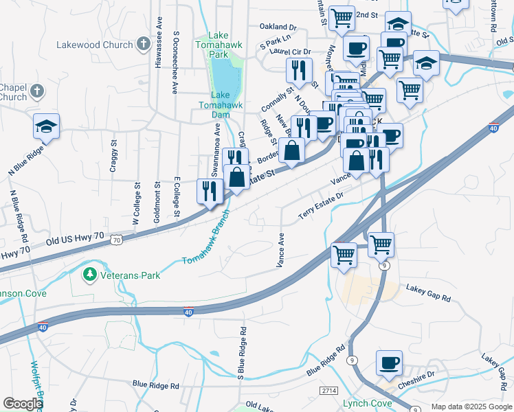 map of restaurants, bars, coffee shops, grocery stores, and more near 11 Amys Way in Black Mountain