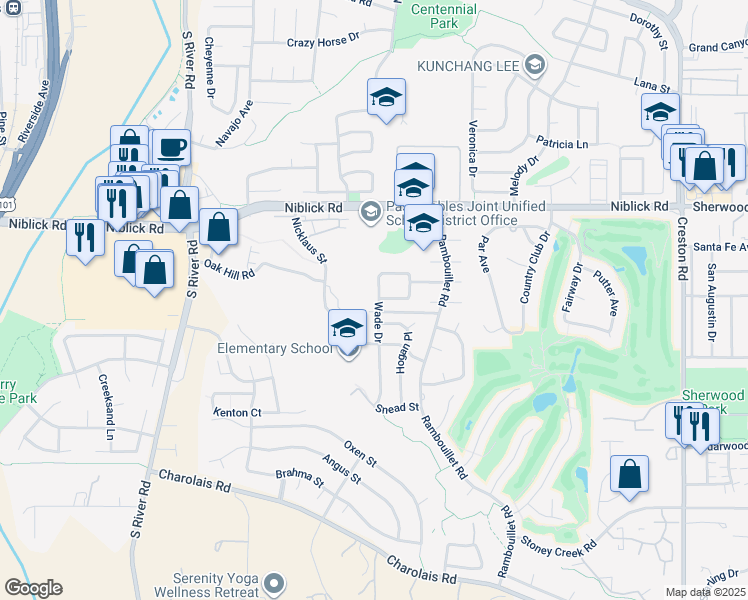 map of restaurants, bars, coffee shops, grocery stores, and more near 808 Wade Drive in Paso Robles