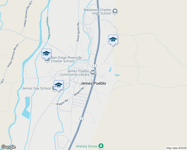 map of restaurants, bars, coffee shops, grocery stores, and more near 20 Mission Road in Jemez Pueblo