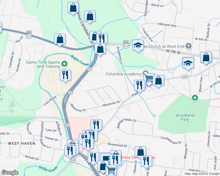 map of restaurants, bars, coffee shops, grocery stores, and more near 126 Westover Drive in Columbia