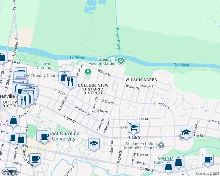 map of restaurants, bars, coffee shops, grocery stores, and more near 115 Stancill Drive in Greenville