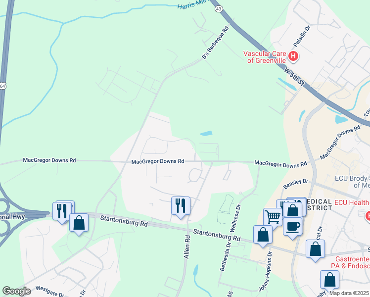map of restaurants, bars, coffee shops, grocery stores, and more near 2910 MacGregor Downs Road in Greenville