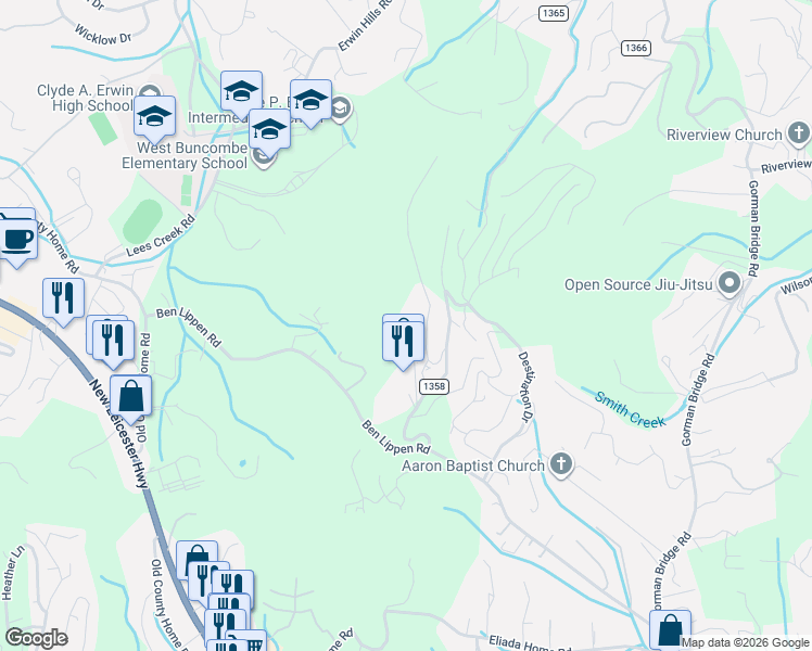 map of restaurants, bars, coffee shops, grocery stores, and more near 48 Chimney Crest Drive in Asheville