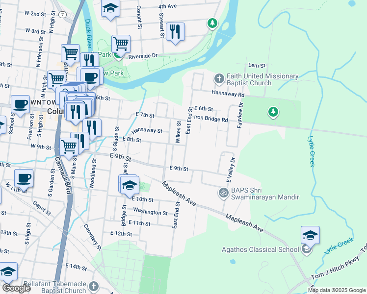 map of restaurants, bars, coffee shops, grocery stores, and more near 820 Wilkes Street in Columbia