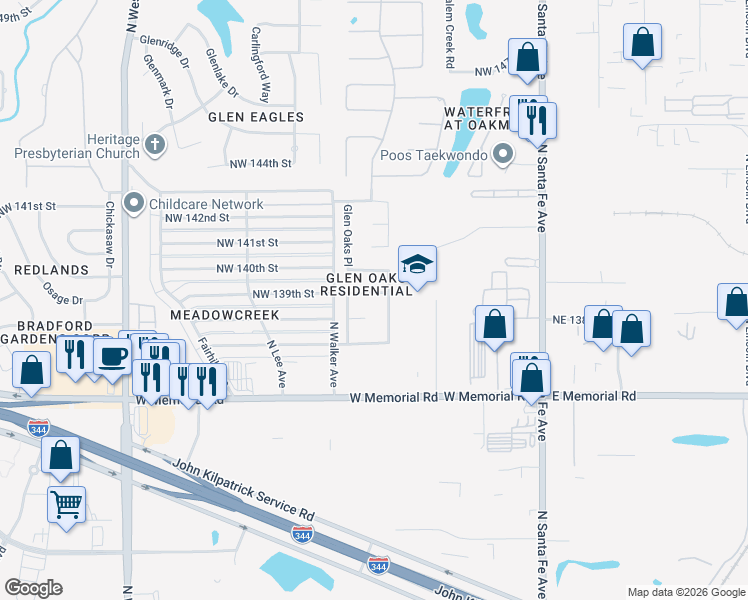 map of restaurants, bars, coffee shops, grocery stores, and more near 409 Northwest 139th Street in Edmond