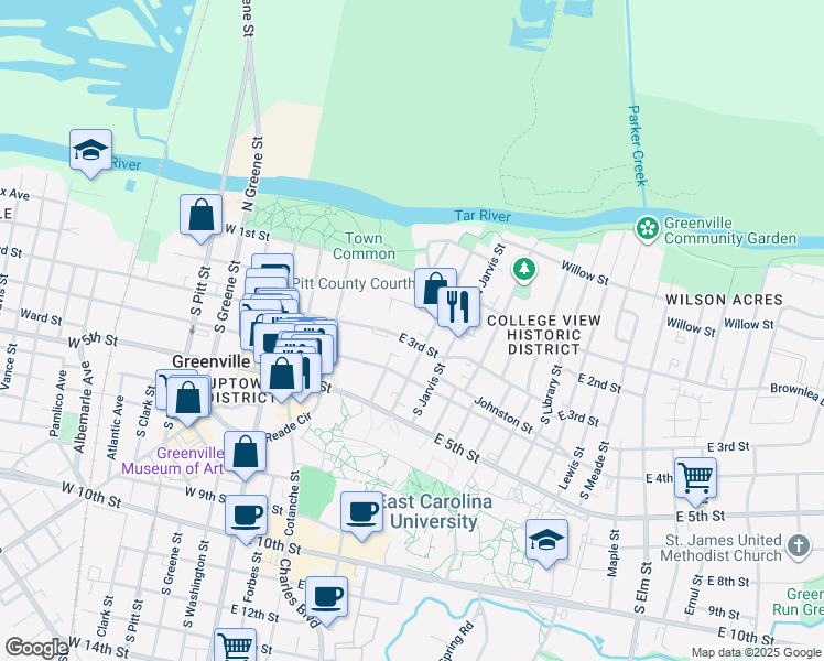 map of restaurants, bars, coffee shops, grocery stores, and more near 503 East 3rd Street in Greenville