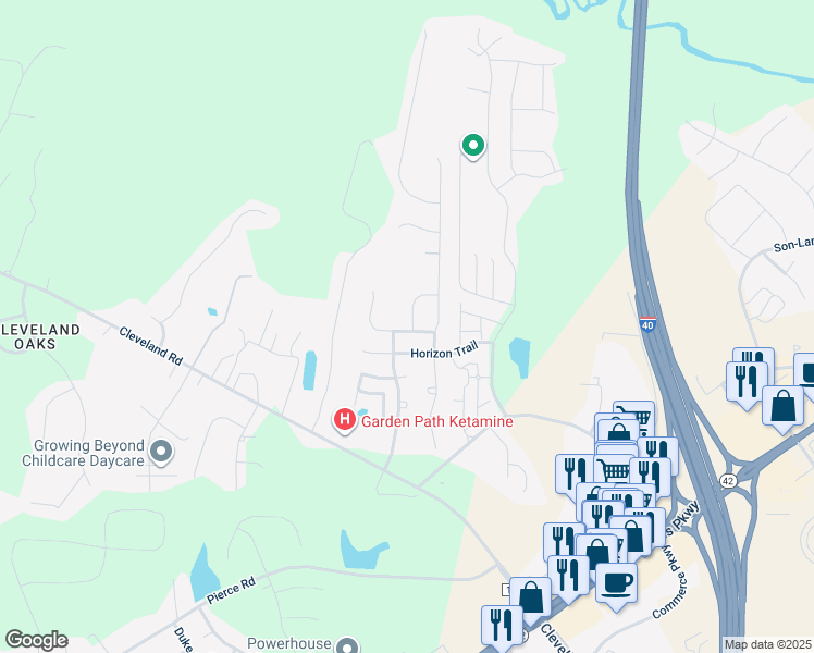 map of restaurants, bars, coffee shops, grocery stores, and more near 11 Beacon Way in Garner