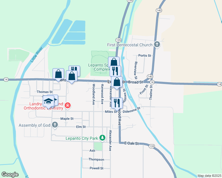 map of restaurants, bars, coffee shops, grocery stores, and more near 205 Alexander Avenue in Lepanto