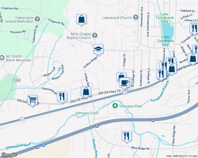 map of restaurants, bars, coffee shops, grocery stores, and more near 108 Walker Street in Black Mountain
