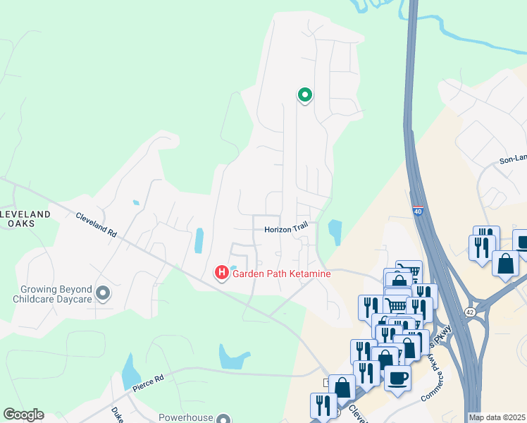 map of restaurants, bars, coffee shops, grocery stores, and more near 11 Beacon Way in Garner
